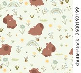 Seamless pattern with cute capybaras, bees, and flowers, vector illustration, for kids.	
