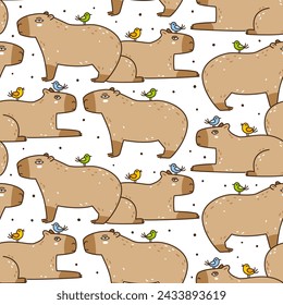 Seamless pattern with cute сartoon capybaras and birds isolated on white - funny animal background for Your textile and wrapping paper design