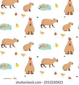 Seamless pattern with cute capybaras with birds and apples. Colorful design for clothes, gift boxes, wrapping paper, wallpaper.