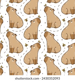 Seamless pattern with cute сartoon capybaras with butterflies - funny animal background for Your textile and wrapping paper design