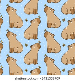 Seamless pattern with cute сartoon capybaras with butterflies - funny animal background for Your textile and wrapping paper design