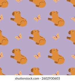 Seamless pattern with cute capybaras and  butterflies. Design for fabric, textile, wallpaper, packaging