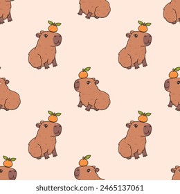 Seamless pattern of cute capybaras with citrus fruits. Funny cartoon rodent characters and tangerine. Kawaii vector illustration on beige background. Animal print