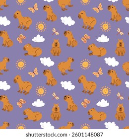 Seamless pattern with cute capybaras with clouds, sun and butterflies. Design for fabric, textile, wallpaper, packaging
