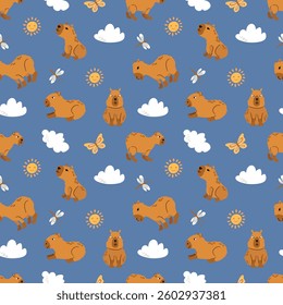 Seamless pattern with cute capybaras with clouds, sun and butterflies. Design for fabric, textile, wallpaper, packaging	

