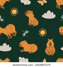 Seamless pattern with cute capybaras. Design for fabric, textile, wallpaper, packaging. Design for decorating a nursery.	 
