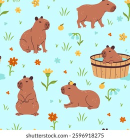 Seamless pattern with cute capybaras and flowers. Vector graphics.