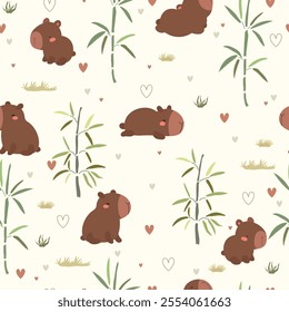 Seamless pattern with cute capybaras, grass, bamboo, and hearts, vector illustration, for Valentine's day, party.