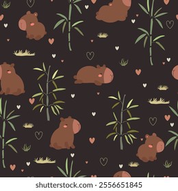 Seamless pattern with cute capybaras, grass, bamboo, and hearts on black background, vector illustration, for Valentine's day, party.