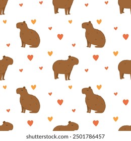 Seamless pattern with cute capybaras and hearts. Vector pattern, flat style, hand drawn.