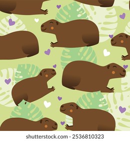 Padrão contínuo com capibaras bonitos, corações e folhas, ilustração de estoque vetor plano com capibaras como padrão animal sem fim, sstkBackgrounds