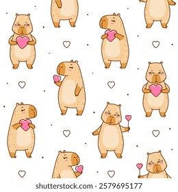 Seamless pattern with cute сartoon capybaras with hearts - funny animal background for Your Valentines day design