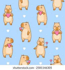 Seamless pattern with cute сartoon capybaras with hearts - funny animal background for Your Valentines day design