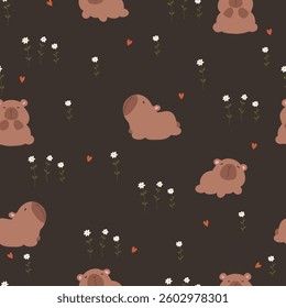 Seamless pattern with cute capybaras, hearts, and flowers, vector illustration.