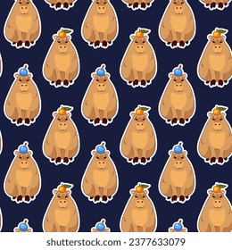 Seamless pattern of cute capybaras with juicy oranges and Santa Claus hats on their heads, on a blue background, New Year and Christmas card