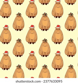 Seamless pattern of cute capybaras with juicy oranges and Santa Claus hats on their heads, on a light background, New Year and Christmas card