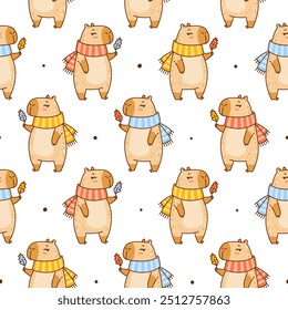 Seamless pattern with cute сartoon capybaras with leaves  - funny animal background for Your cozy autumn design