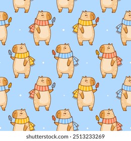 Seamless pattern with cute сartoon capybaras with leaves  - funny animal background for Your cozy autumn design