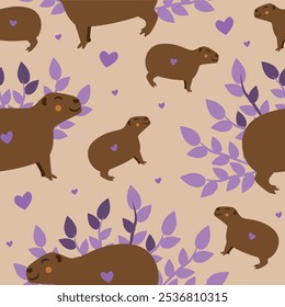 Padrão contínuo com capibaras bonitas e folhas, ilustração de stock de vetor plano com capibaras como padrão animal sem fim, sstkBackgrounds