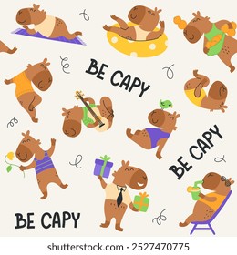 Seamless pattern cute capybaras, lettering be capy. Funny background. Vector illustration