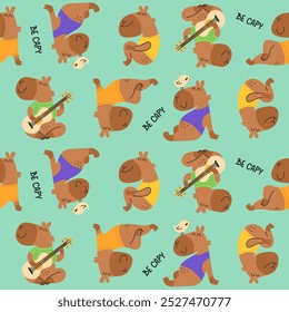 Seamless pattern cute capybaras, lettering be capy. Funny background. Vector freehand illustration