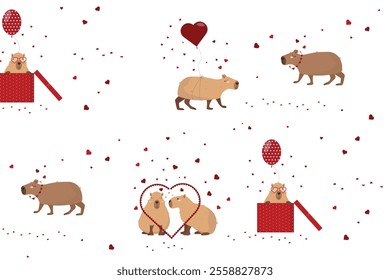 Seamless pattern with cute capybaras in love. Funny cartoon rodent characters with heart.  Animal print.