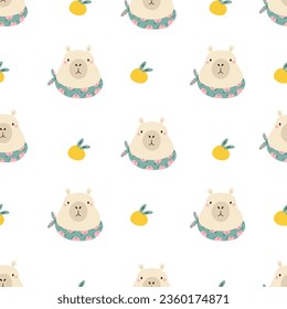 Seamless pattern with cute capybaras in neckpieces and oranges. Colorful design for clothins, gift boxes, wrapping paper, wallpaper