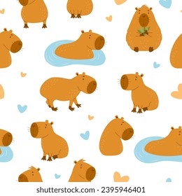 Seamless pattern. Cute capybaras on white background. Vector illustration for design, wallpaper, packaging, textile. kids collection