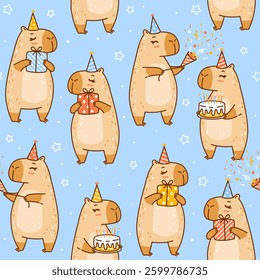 Seamless pattern with cute сartoon capybaras on blue background - funny animal wallpaper for Your Birthday  design