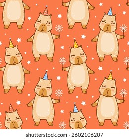 Seamless pattern with cute сartoon capybaras on red  background - funny animal wallpaper for Your Birthday  design