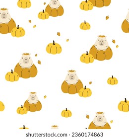 Seamless pattern with cute capybaras an pumpkins. Colorful autumn design for clothins, gift boxes, wrapping paper, wallpaper