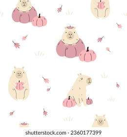 Seamless pattern with cute capybaras and pumpkins. Colorful autumn design for clothins, gift boxes, wrapping paper, wallpaper