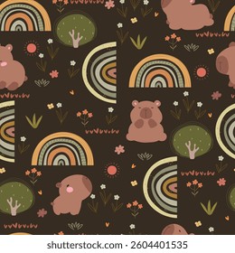 Seamless pattern with cute capybaras, rainbows, and flowers, vector illustration. Kids pattern.