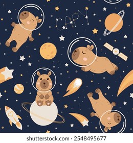 Seamless pattern with cute capybaras in space in cartoon minimalistic style. Capybara in a space suit.