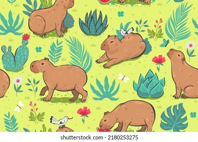 Seamless pattern with cute capybaras. Vector graphics.