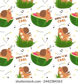 Seamless pattern with cute capybaras. Vector illustration in cartoon flat style.