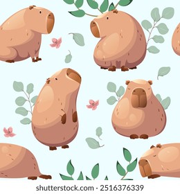 Seamless pattern with cute capybaras. Vector illustration. Cartoon style.
