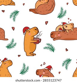 Seamless pattern with cute capybaras. Wallpaper with capybara family. Vector animal illustration. Cristmas and New Year backdrop image. 