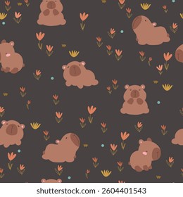 Seamless pattern with cute capybarasand flowers on dark background, vector illustration.	
