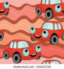 Patrón sin brillo con auto lindo sobre fondo de color. Transporte de caricaturas. Ilustración vectorial. Estilo Doodle. Diseño para impresión de bebés, invitación, afiche, tarjeta, tela, textil.