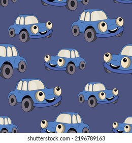 Nahtloses Muster mit süßem Auto auf Farbhintergrund. Cartoot Transport. Vektorgrafik. Doodle-Stil. Design für Babydruck, Einladung, Poster, Karte, Stoff, Textilien.