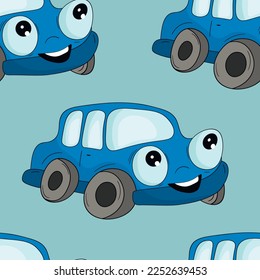 Seamless pattern with cute car on color background. Cartoot transport. Vector illustration. Doodle style. Design for baby print, invitation, poster, card, fabric, textile.