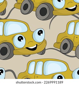 Seamless pattern with cute car on color background. Cartoot transport. Vector illustration. Doodle style. Design for baby print, invitation, poster, card, fabric, textile.