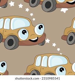 Seamless pattern with cute car on color background. Cartoot transport. Vector illustration. Doodle style. Design for baby print, invitation, poster, card, fabric, textile.