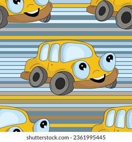 Seamless pattern with cute car on color background. Cartoot transport. Vector illustration. Doodle style. Design for baby print, invitation, poster, card, fabric, textile.