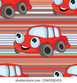 Seamless pattern with cute car on color background. Cartoot transport. Vector illustration. Doodle style. Design for baby print, invitation, poster, card, fabric, textile.