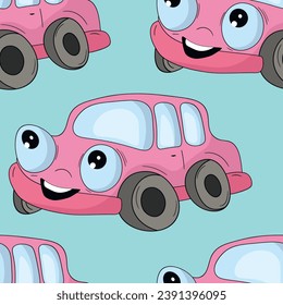 Seamless pattern with cute car on color background. Cartoot transport. Vector illustration. Doodle style. Design for baby print, invitation, poster, card, fabric, textile.