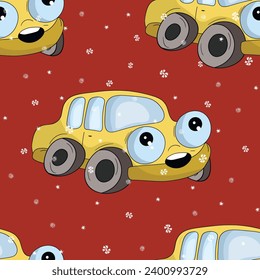 Nahtloses Muster mit süßem Auto auf Farbhintergrund. Cartoot Transport. Vektorgrafik. Doodle-Stil. Design für Babydruck, Einladung, Poster, Karte, Stoff, Textilien.