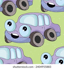 Seamless pattern with cute car on color background. Cartoot transport. Vector illustration. Doodle style. Design for baby print, invitation, poster, card, fabric, textile.