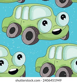 Patrón sin brillo con auto lindo sobre fondo de color. Transporte de caricaturas. Ilustración vectorial. Estilo Doodle. Diseño para impresión de bebés, invitación, afiche, tarjeta, tela, textil.